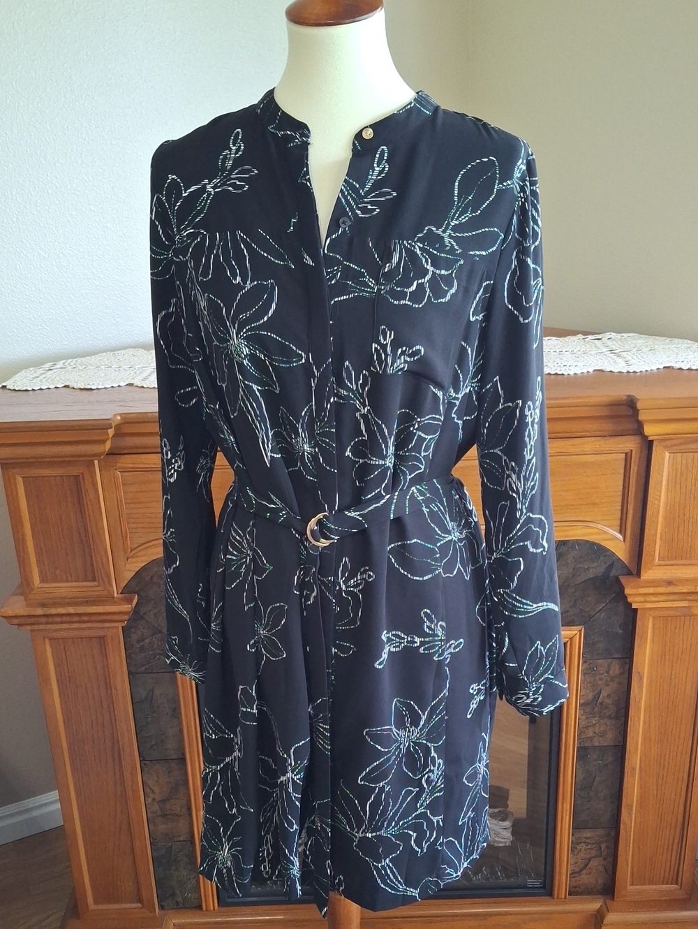 Apt. 9 Black Floral Belted Long-Sleeve Dress